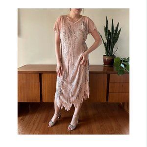 Vintage 80's / Ballet Pink Silk Drip Dress / Silver Glass Bead & Sequins